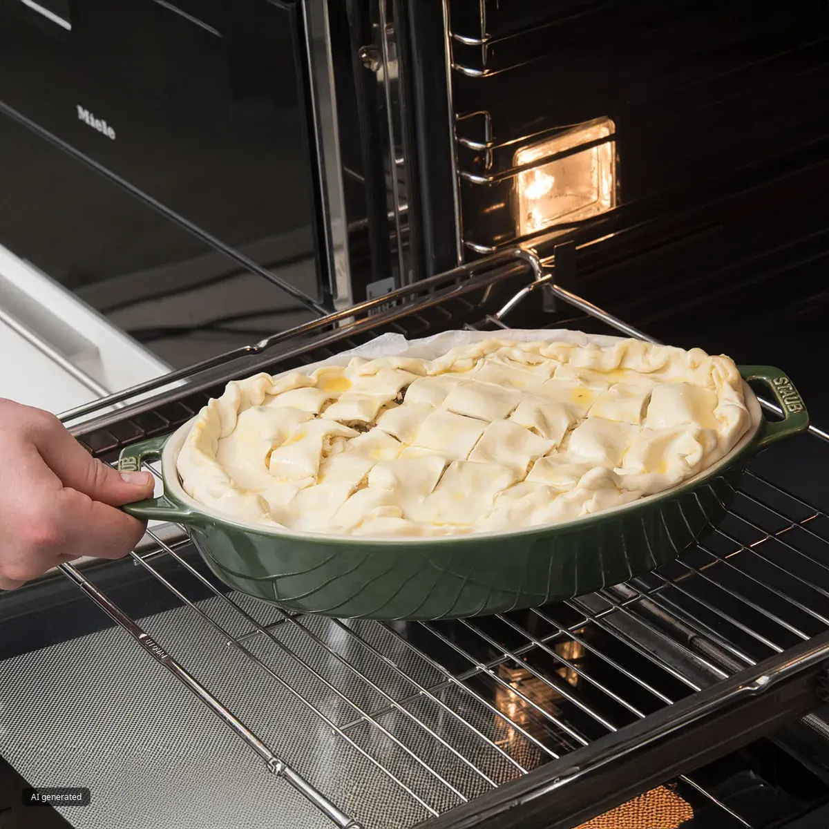 A person's hand slides a green oval baking dish with an unbaked lattice-top pie into a Miele oven, which is lit inside.