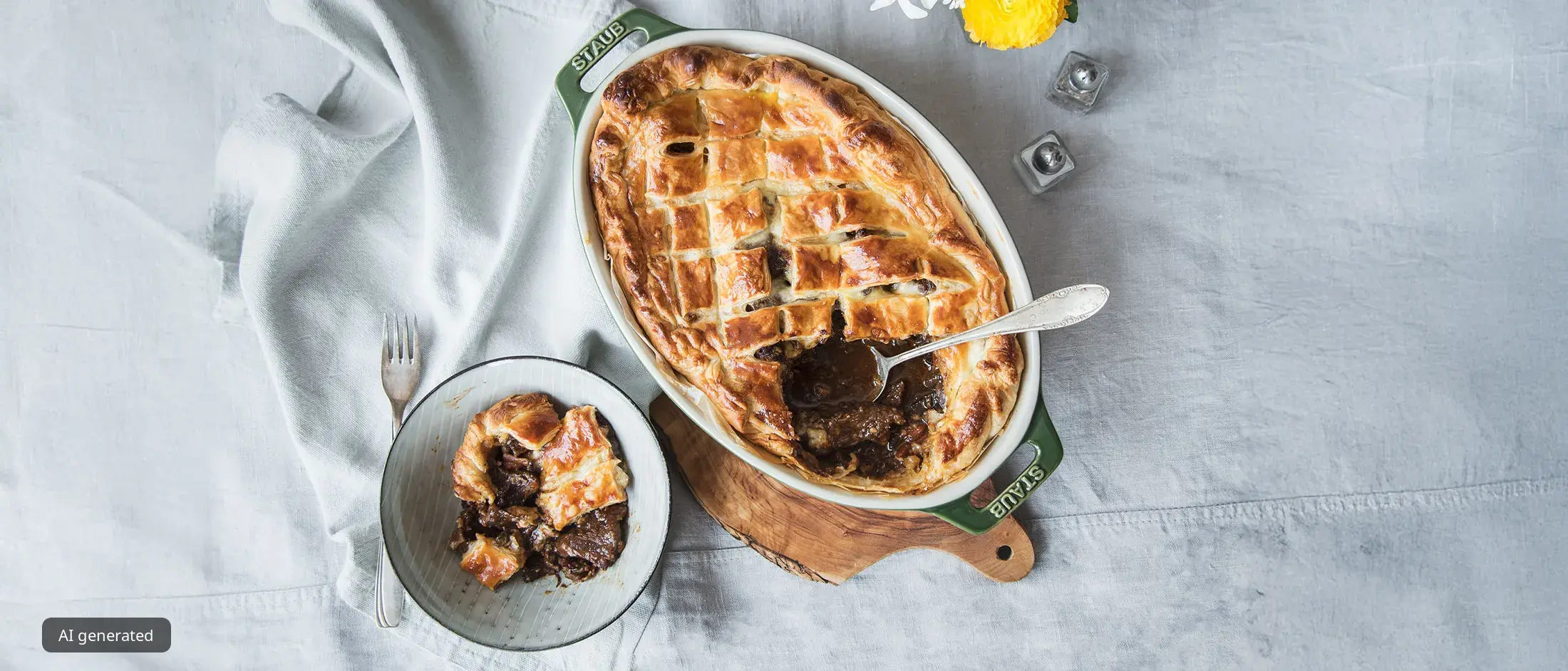 A hearty beef pot pie with a golden lattice crust in a green oval baking dish, with a serving spoon and a portion in a small bowl, on a white linen tablecloth.
