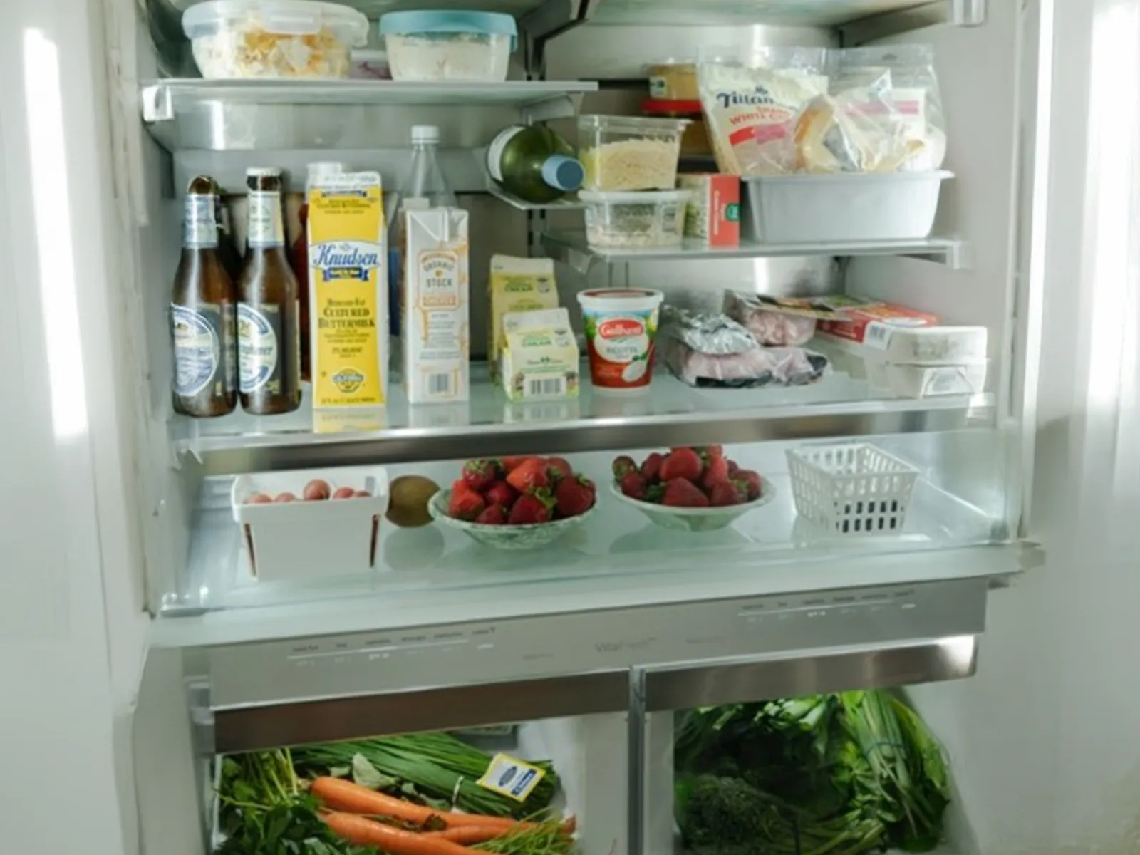 Open fridge with lidded plastic containers on the top shelf, cans and beer bottles and cartons on the middle shelves.