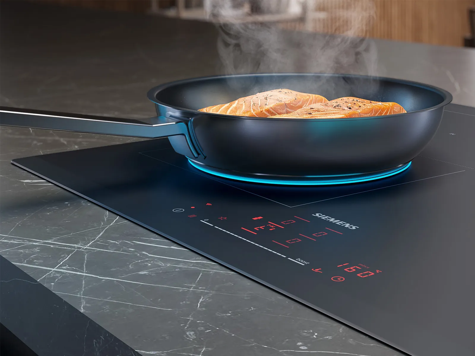 Siemens Kochfeld mit einer Bratpfanne darauf.