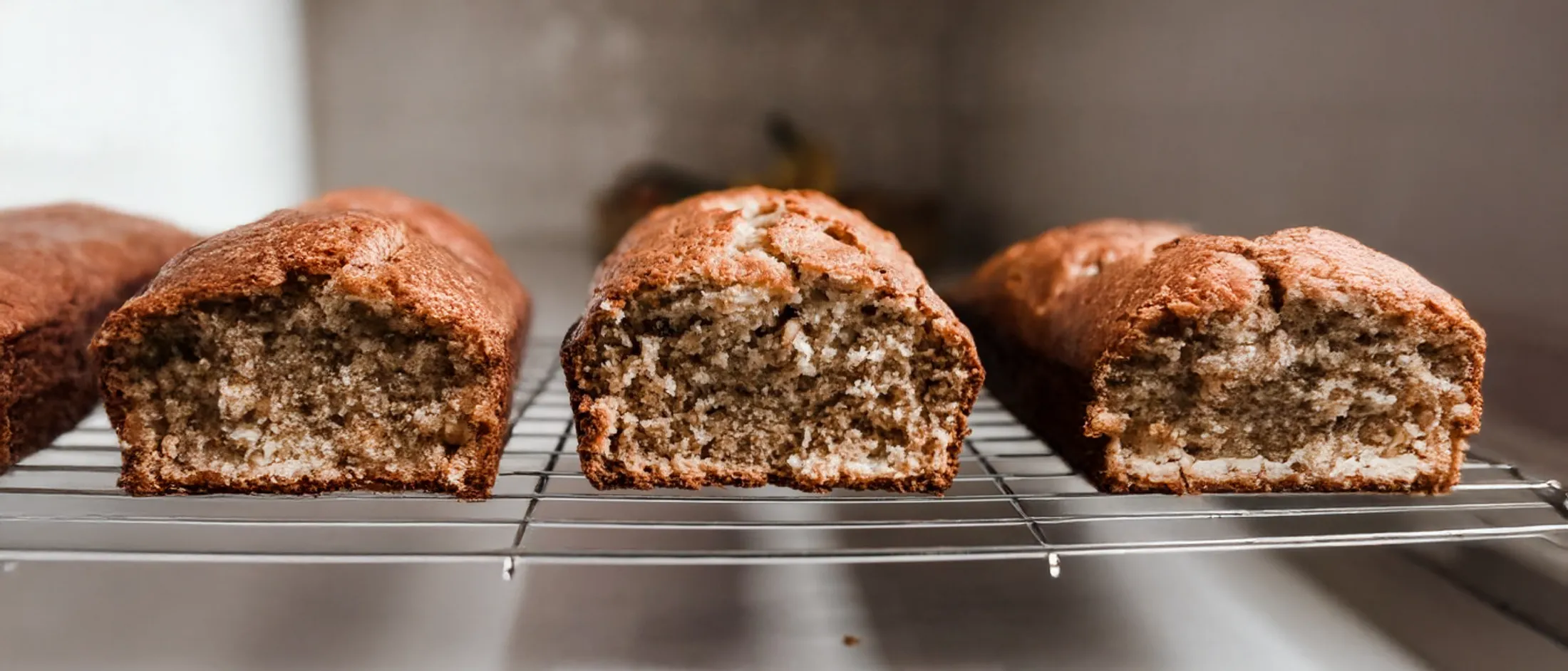Freshly baked banana bread on a wire rack