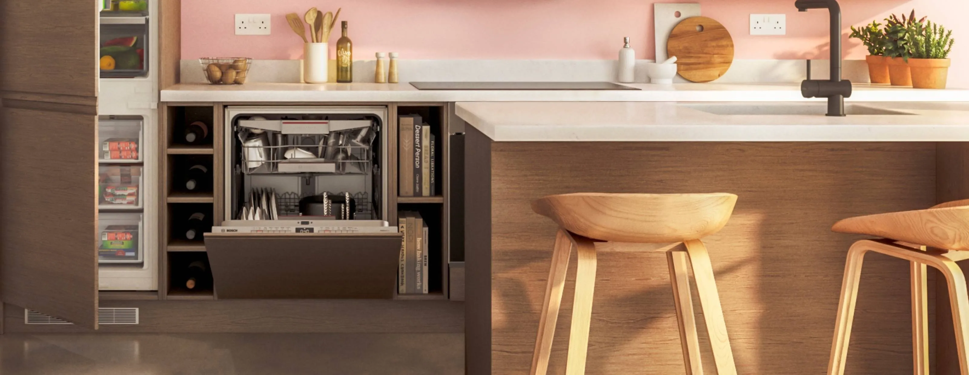 A panoramic view of a stylish kitchen with an integrated Bosch dishwasher built into the wooden cabinetry, shown with its door open next to a wine rack and refrigerator.