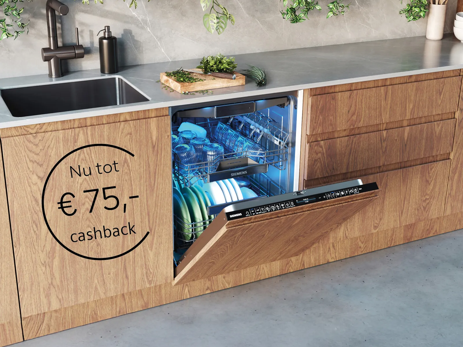 Inbouw Siemens vaatwasser open in houten keuken met cashbackaanbieding van €75,-