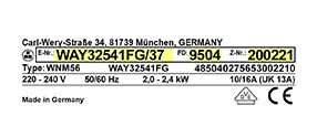Label displaying model information with serial numbers for a Bosch appliance, including E.Nr, FD and Z.Nr specifications. 