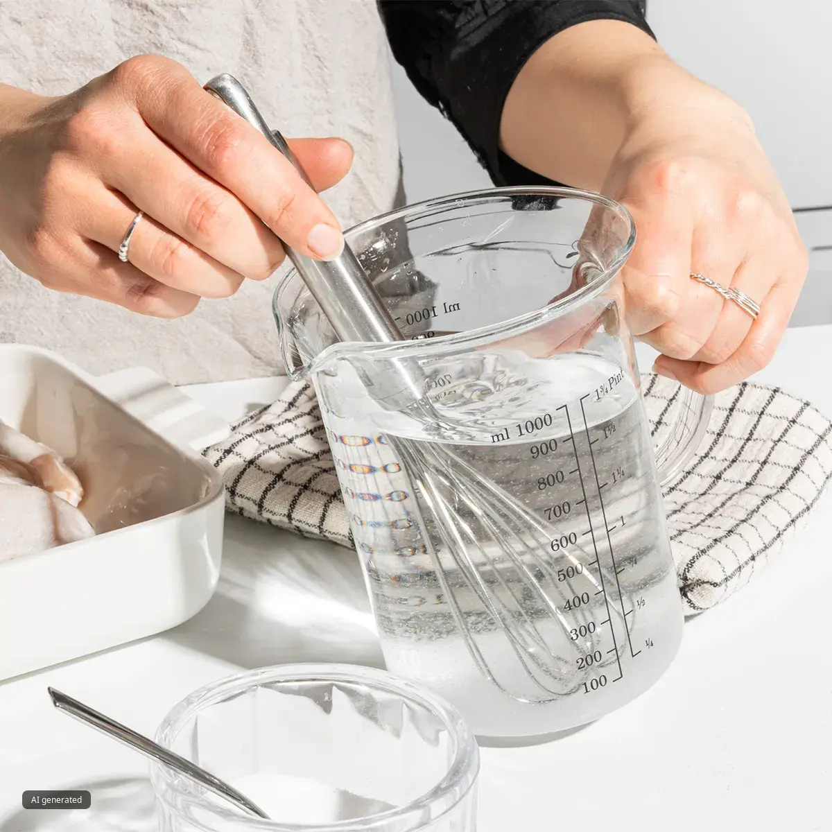 Hands whisking water in a glass measuring cup on a kitchen counter with a white dish of raw chicken and a small bowl with a spoon nearby