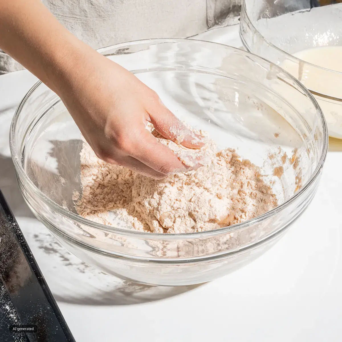 Hand pinching a floury breading mixture in a clear glass bowl, with a bowl of batter visible in the background.