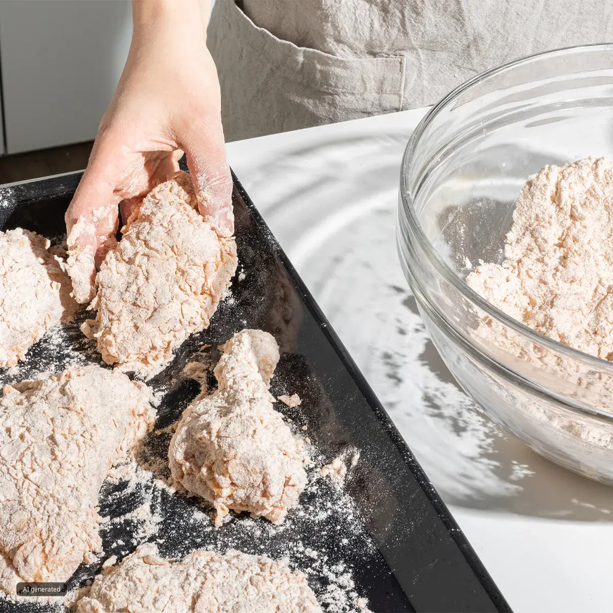 Hand dredging raw chicken in flour on a baking tray next to a glass bowl, fried chicken breading process in a bright kitchen
