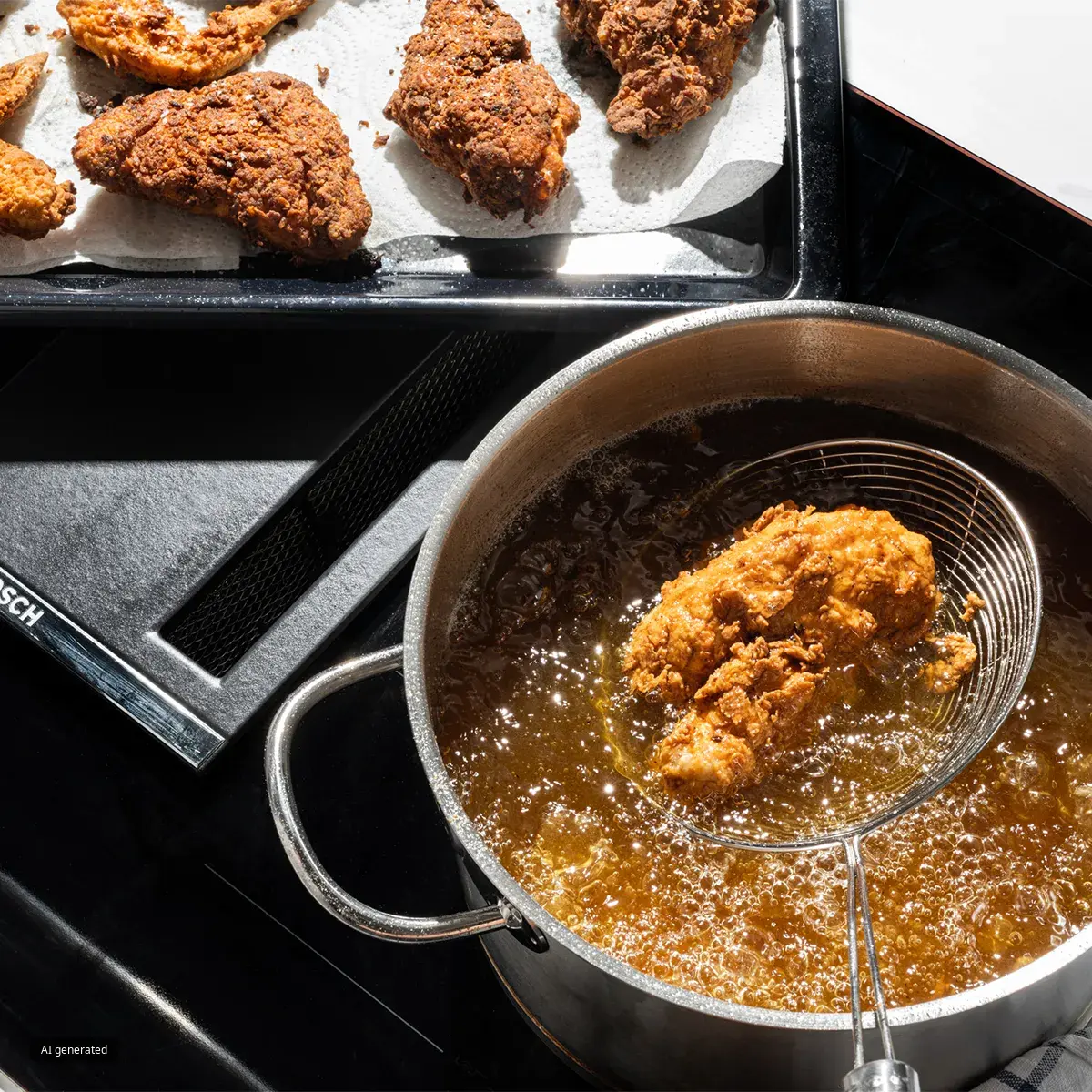 Piece of fried chicken being lifted from hot oil in a pot, with other fried chicken pieces resting on paper towels on a tray nearby.