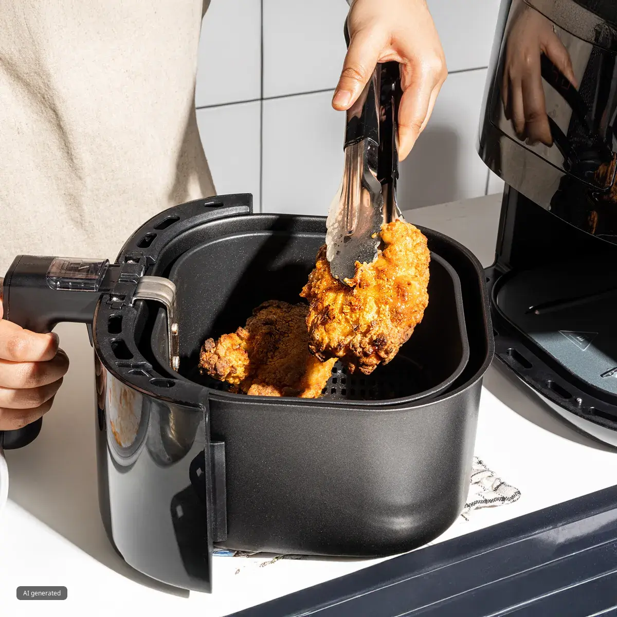 Person using tongs to remove crispy fried chicken pieces from an open black air fryer in a kitchen setting.