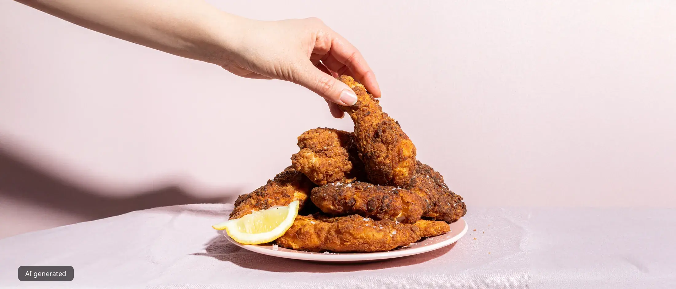 Hand reaching to pick up a crispy fried chicken drumstick from a stack of golden-brown pieces on a pink plate with a lemon wedge against a pale pink background.