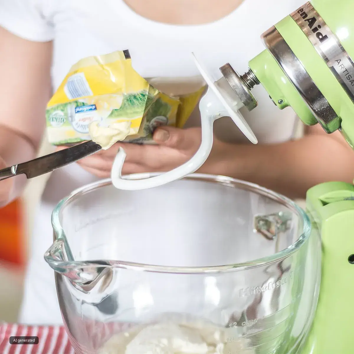 Person scraping softened butter from its wrapper onto the paddle attachment of a green stand mixer above a glass mixing bowl.