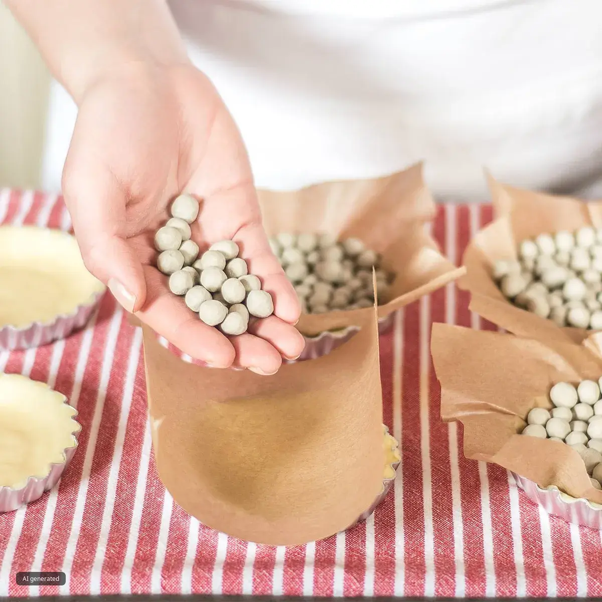 Hand holding a small pile of round ceramic pie weights over tart pans lined with parchment, with additional pans filled with pie weights and unbaked tart shells arranged on a red-and-white striped cloth.
