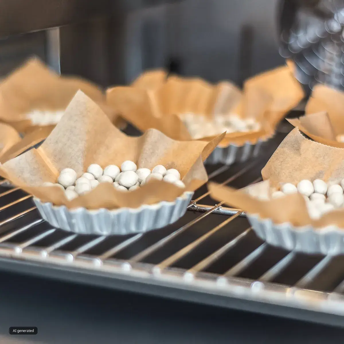 Several small tart pans lined with parchment and filled with round ceramic pie weights arranged on an oven rack ready for blind-baking.