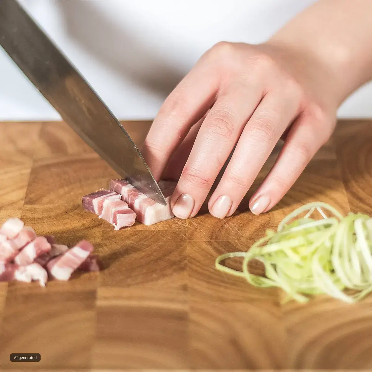 Hands slicing thick-cut bacon into small cubes on a wooden cutting board, with a pile of diced bacon and a bundle of thinly sliced leeks nearby.