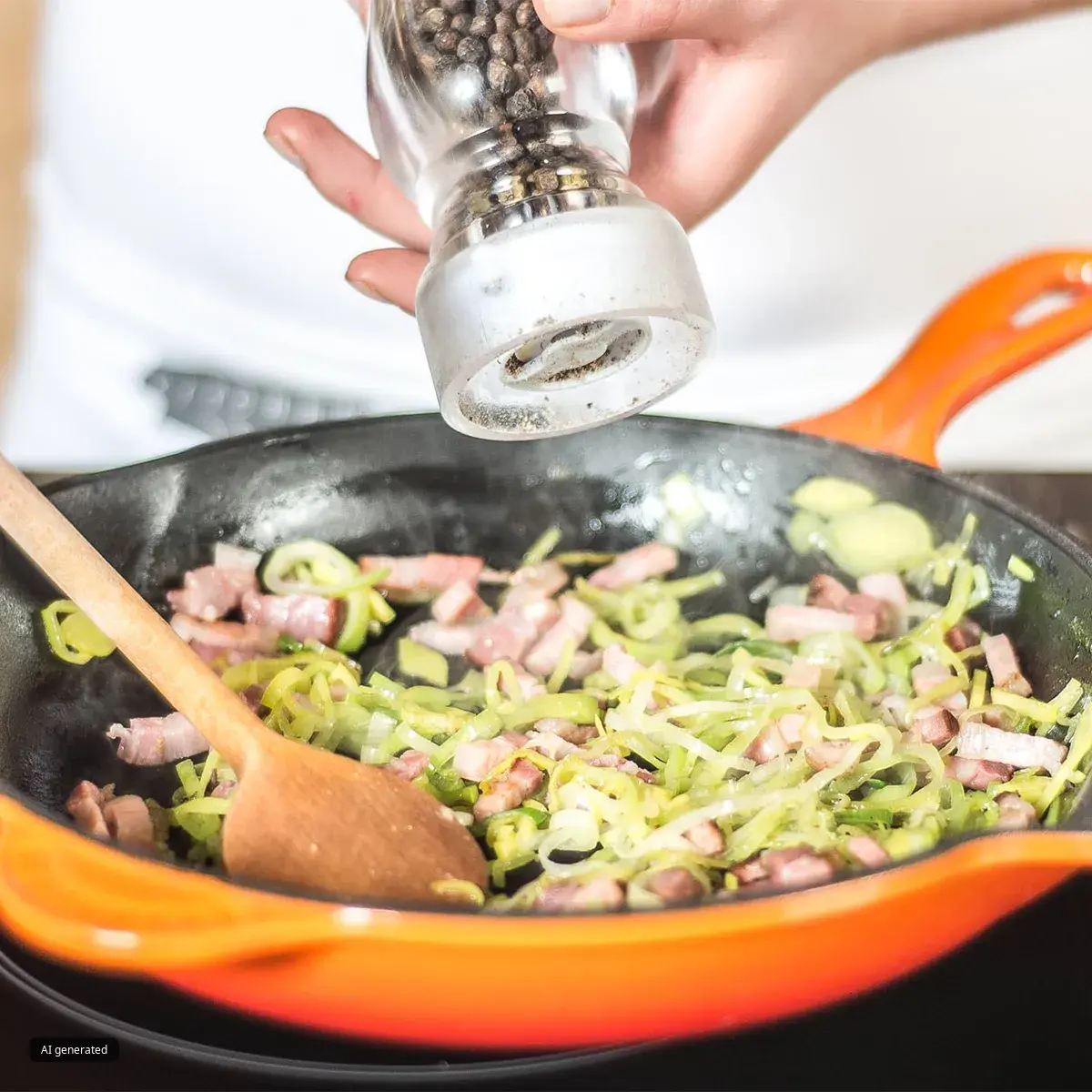 Hand sprinkling ground pepper from a grinder over an orange skillet on the stove with sautéed leeks and diced bacon and a wooden spoon.