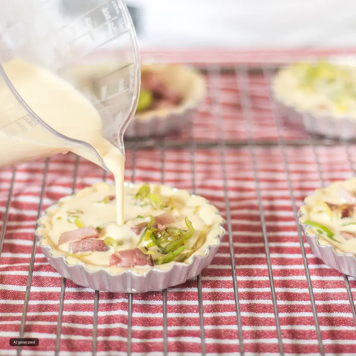 Measuring jug pouring a pale egg or custard mixture into small tart pans filled with chopped bacon and sliced leeks, arranged on a wire rack over a red-striped cloth.