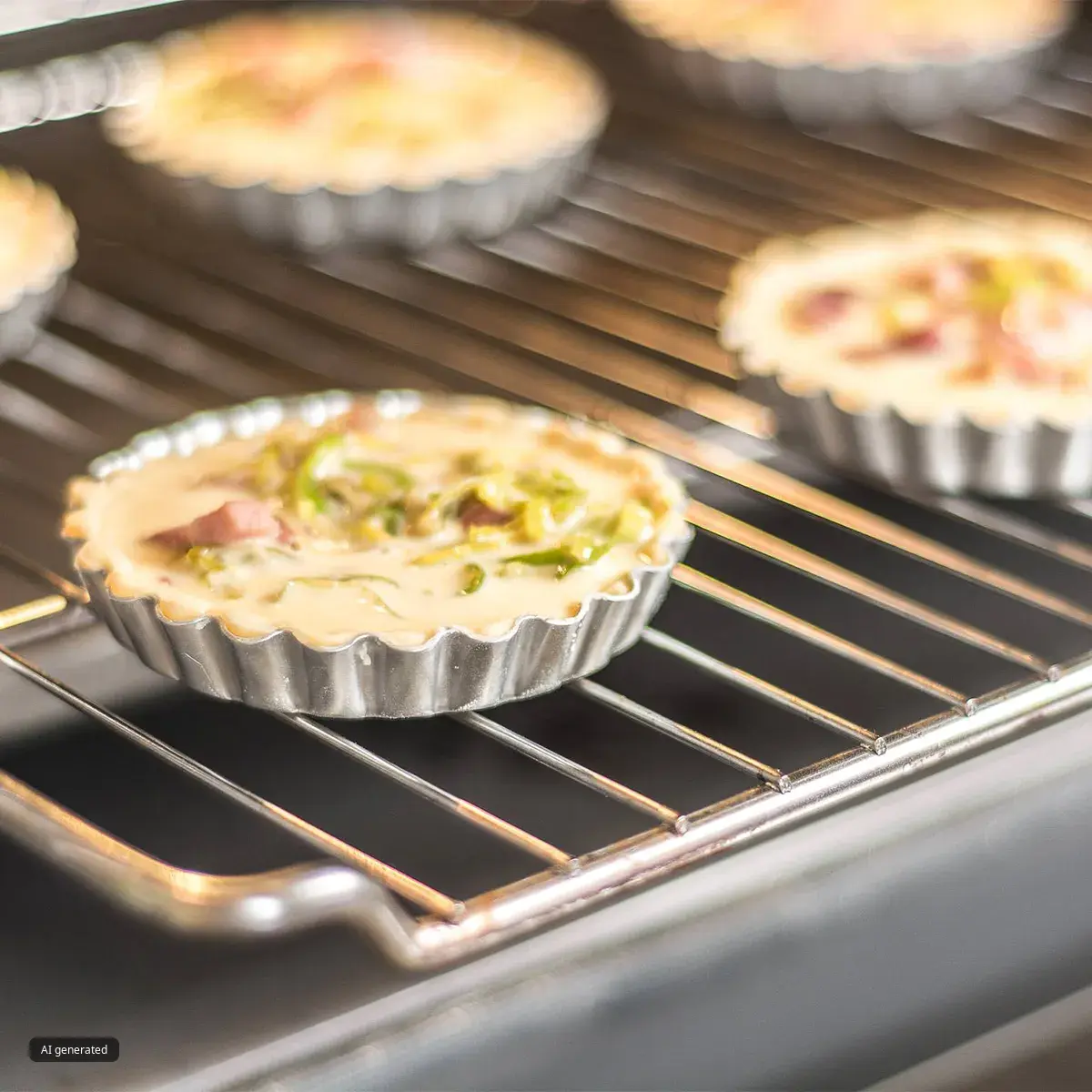 Mini quiches in fluted metal tart pans with leek and bacon filling baking on an oven rack.