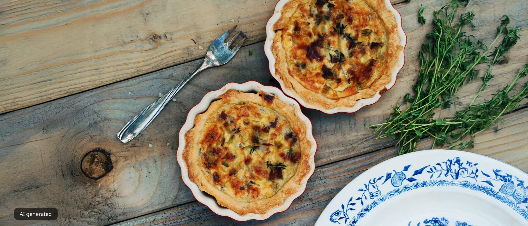 Three small golden-brown quiches in scalloped ceramic tart pans on a rustic wooden table, garnished with thyme; a vintage two-pronged fork and a blue-and-white patterned plate with a slice of quiche are visible at the edge.