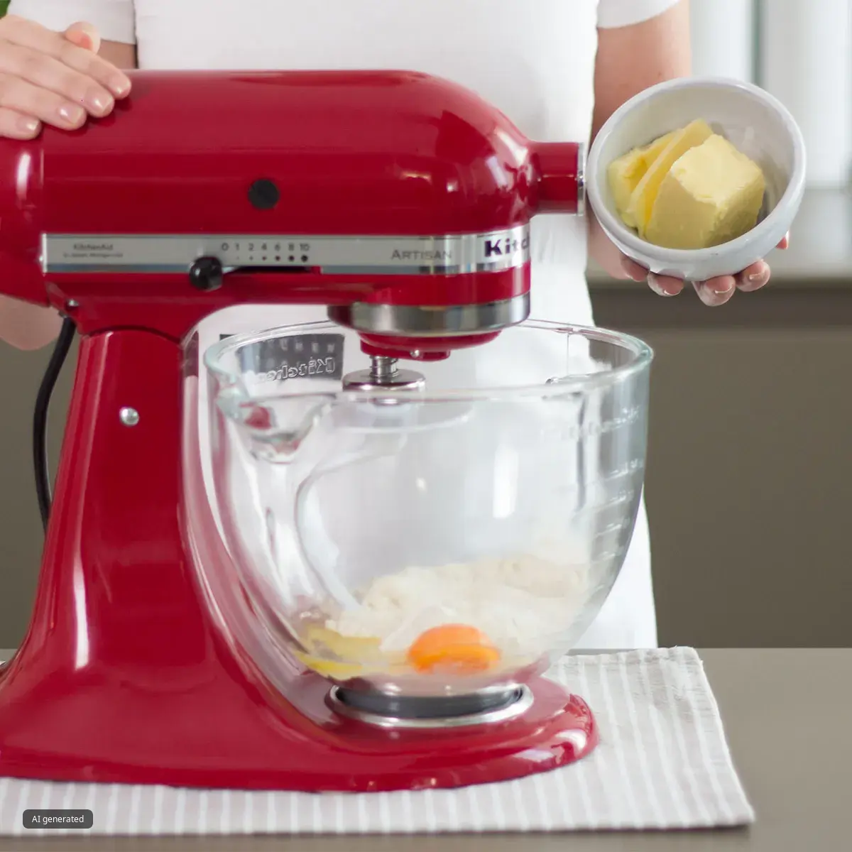 Person scraping softened butter from its wrapper onto the paddle attachment of a green stand mixer above a glass mixing bowl.