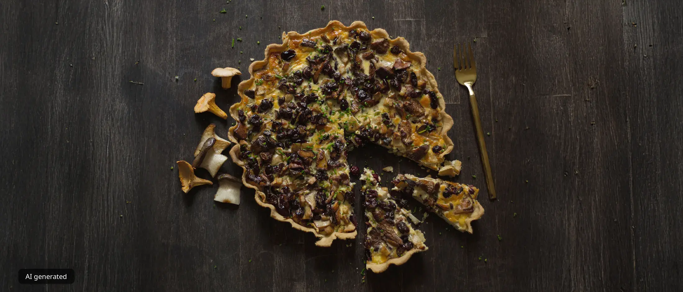 Three small golden-brown quiches in scalloped ceramic tart pans on a rustic wooden table, garnished with thyme; a vintage two-pronged fork and a blue-and-white patterned plate with a slice of quiche are visible at the edge.