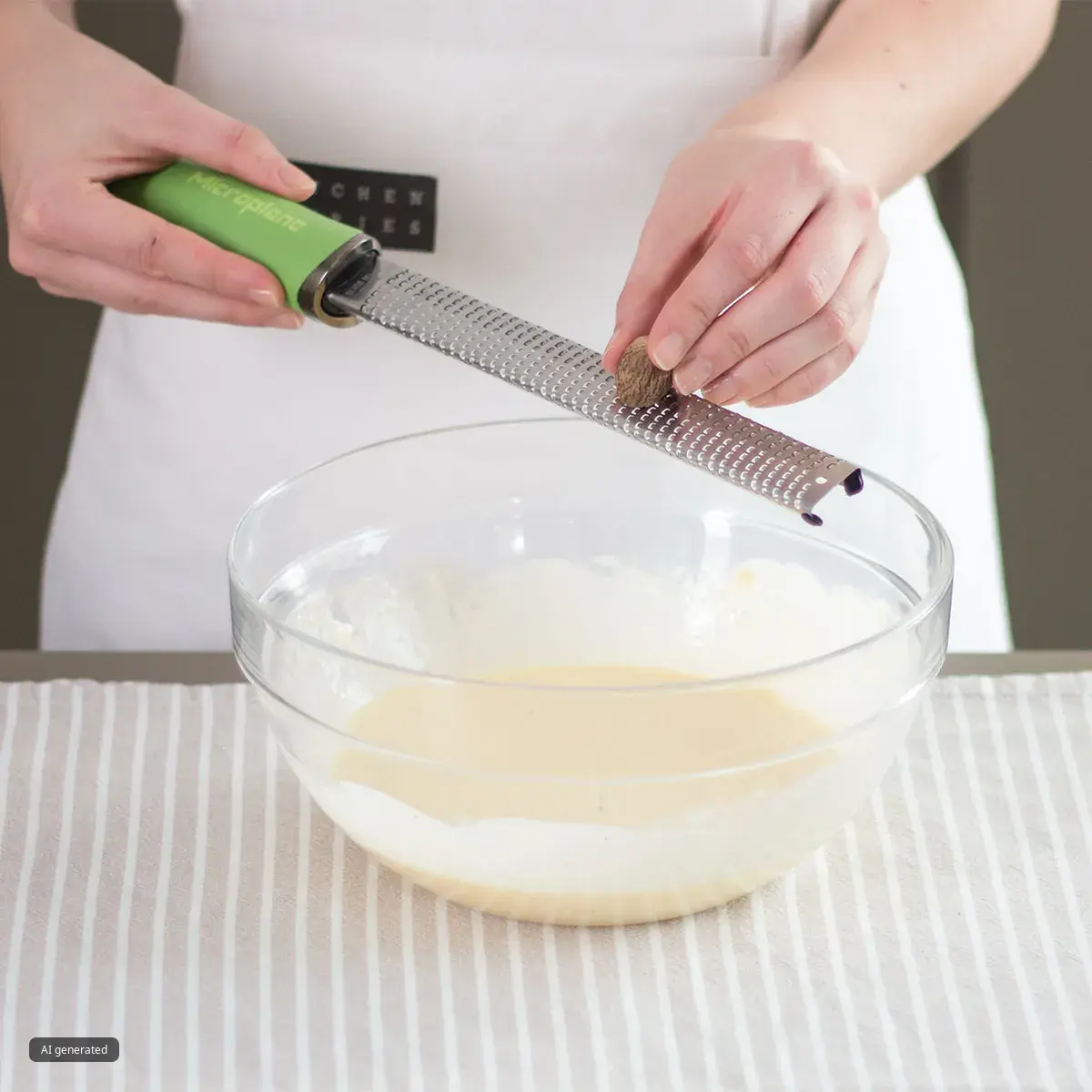 Measuring jug pouring a pale egg or custard mixture into small tart pans filled with chopped bacon and sliced leeks, arranged on a wire rack over a red-striped cloth.