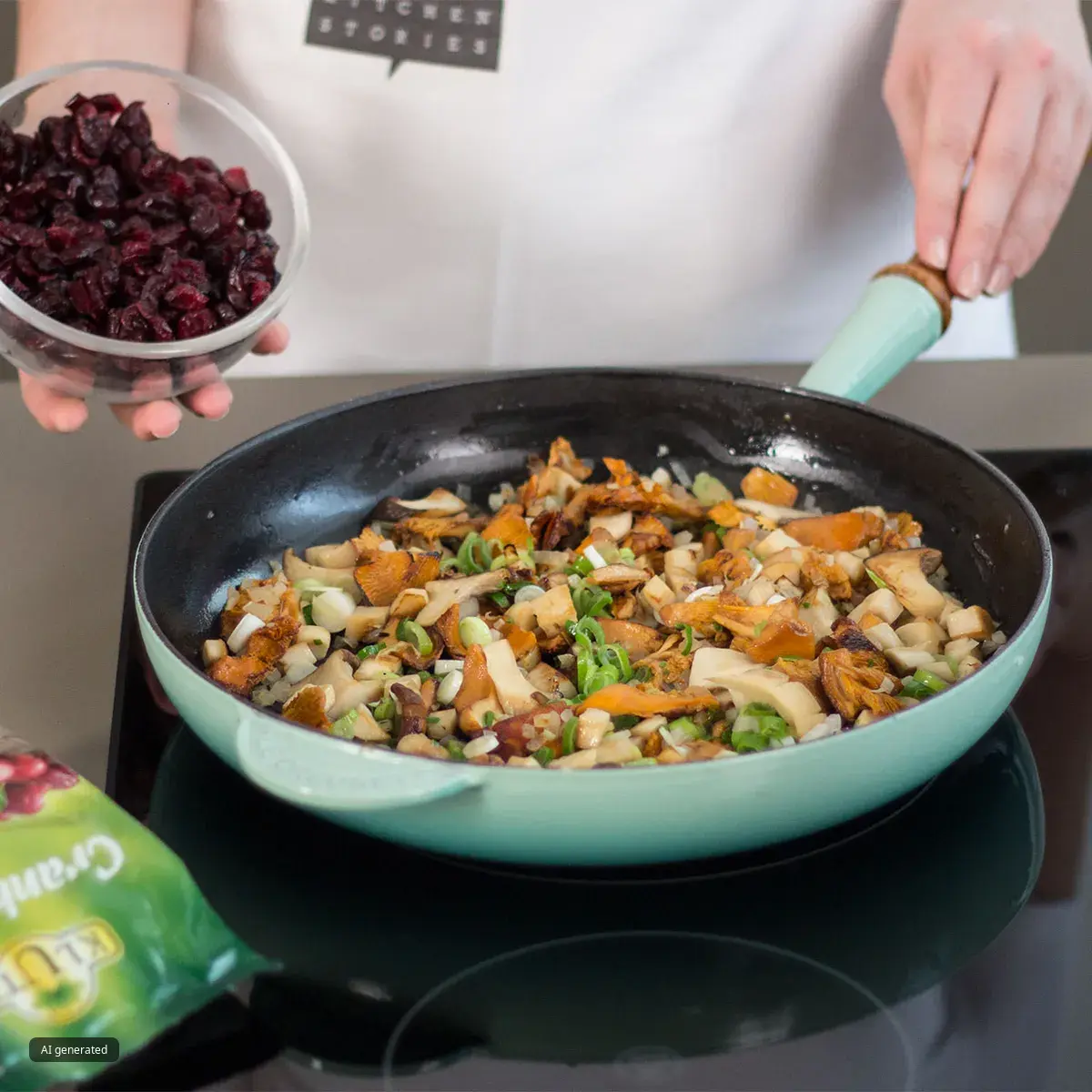 Person cooking sautéed mushrooms and herbs in a pan, holding a bowl of dried cranberries ready to add.