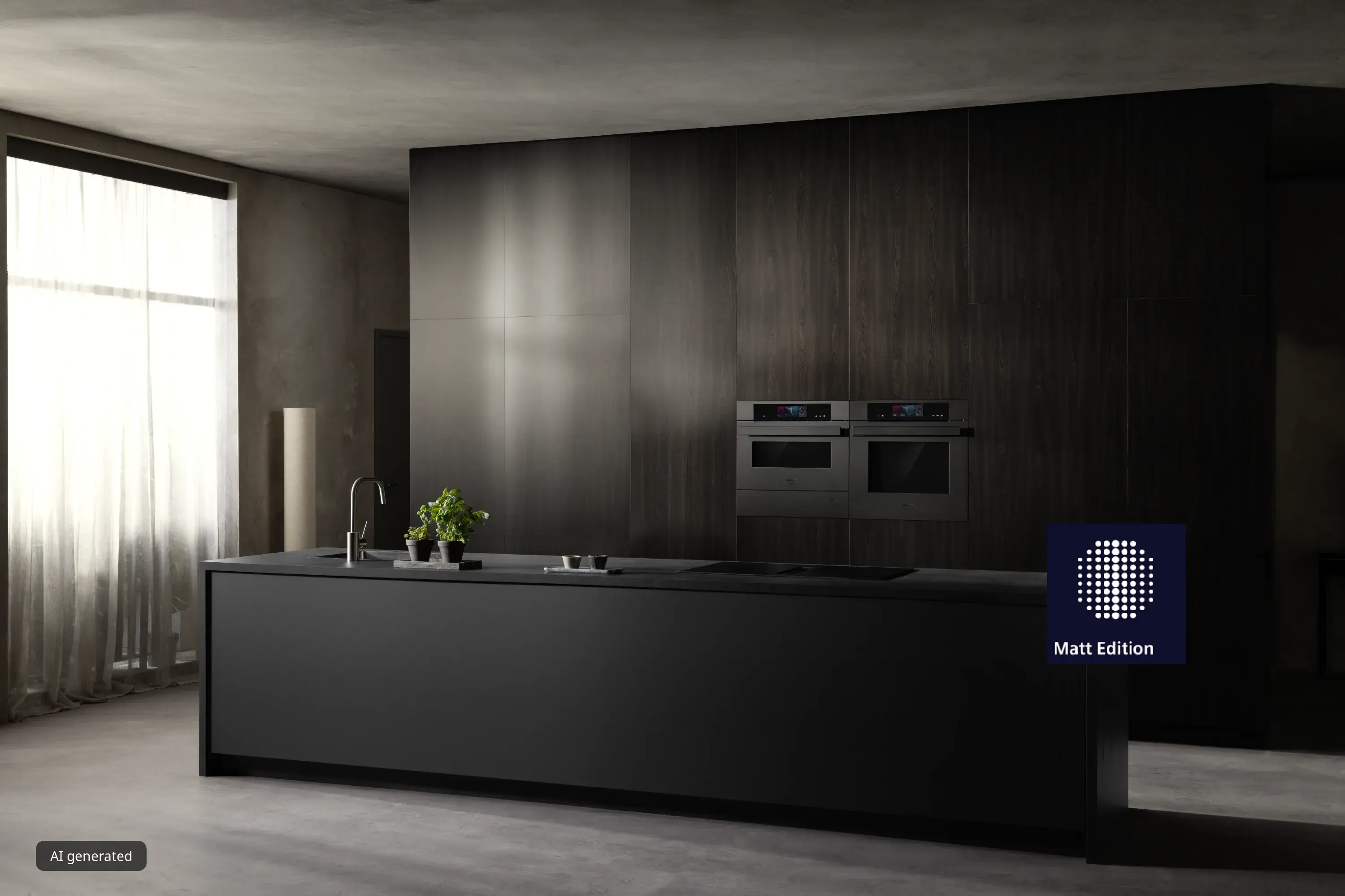 Modern black kitchen island with sleek appliances, a faucet, and potted herbs, showcasing the German Design Award Winner 2026 logo.