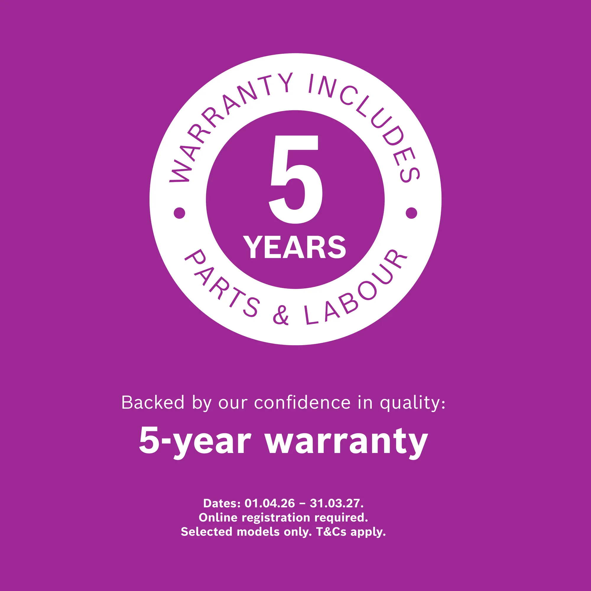 A promotional graphic on a purple background announcing a 5-year warranty including parts and labor, with details about registration and applicable dates.