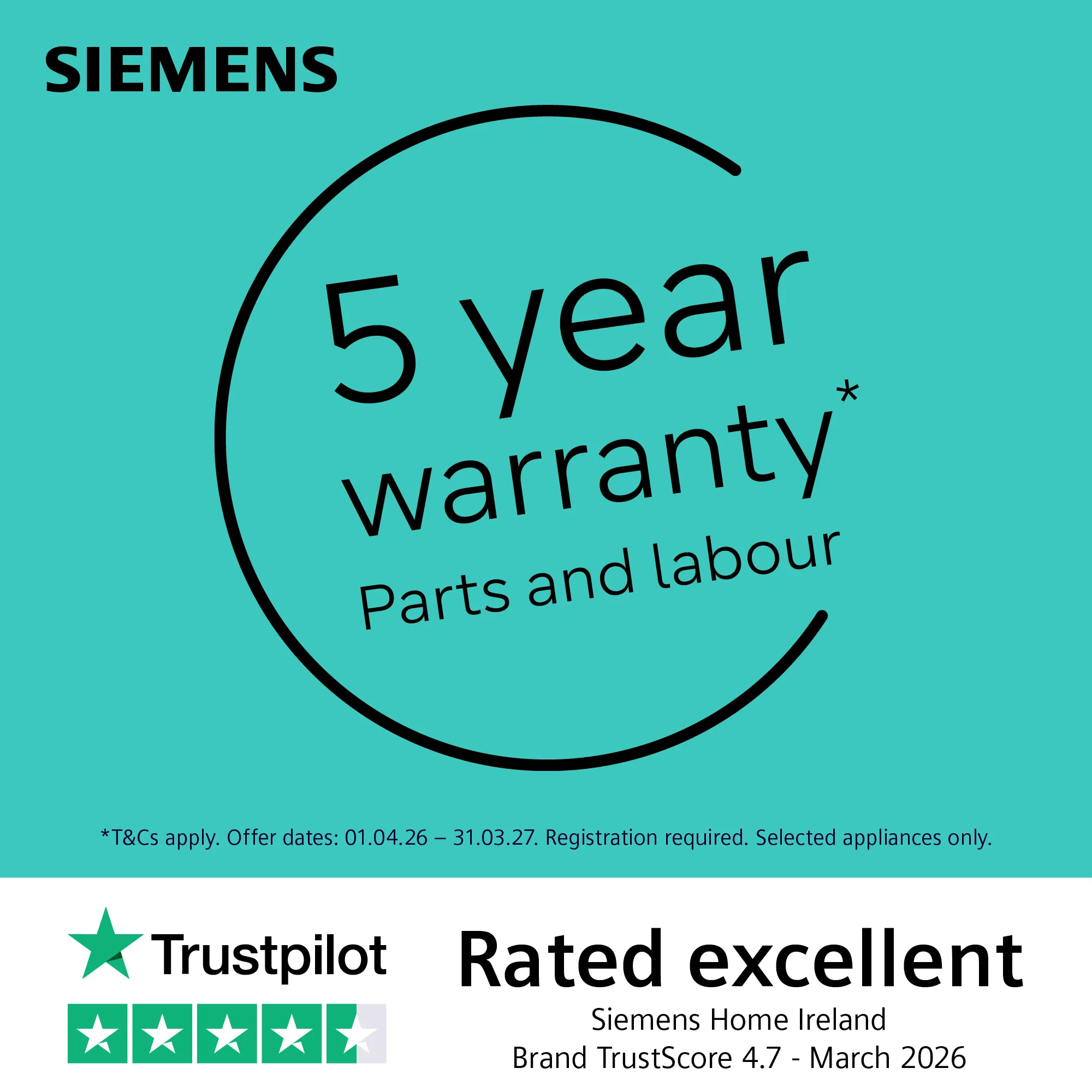 Logo: 5 year warranty when you purchase a selected Siemens appliance