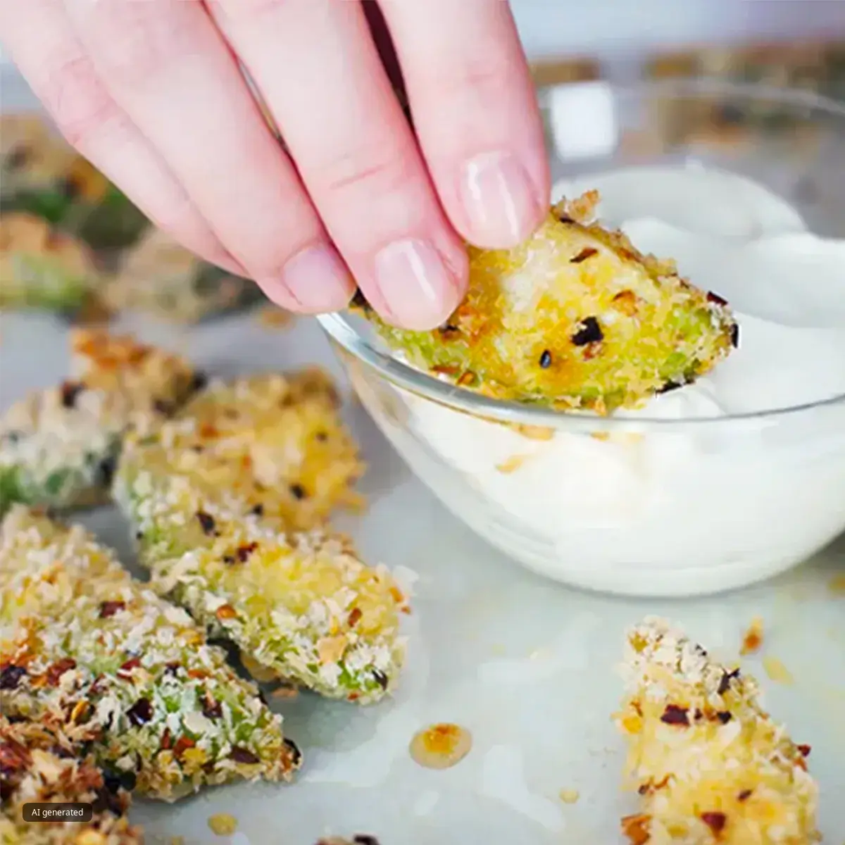 Multiple breaded avocado slices arranged on a baking sheet with oil drizzled over them