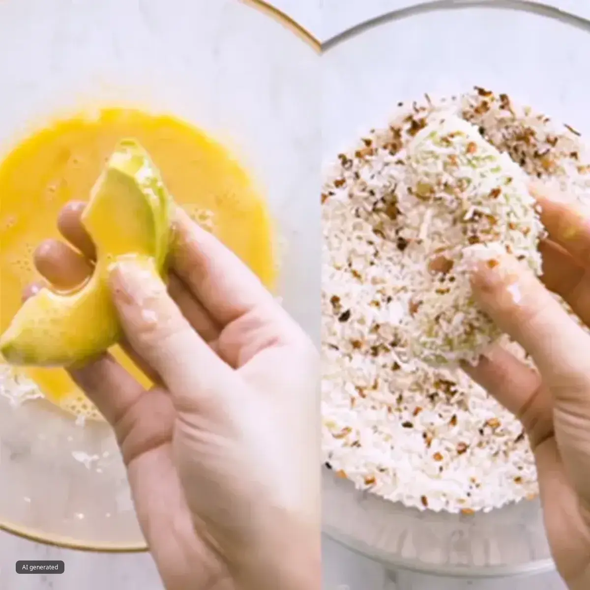 Hands dipping avocado slices first in beaten egg and then in a bowl of seasoned flour mixture