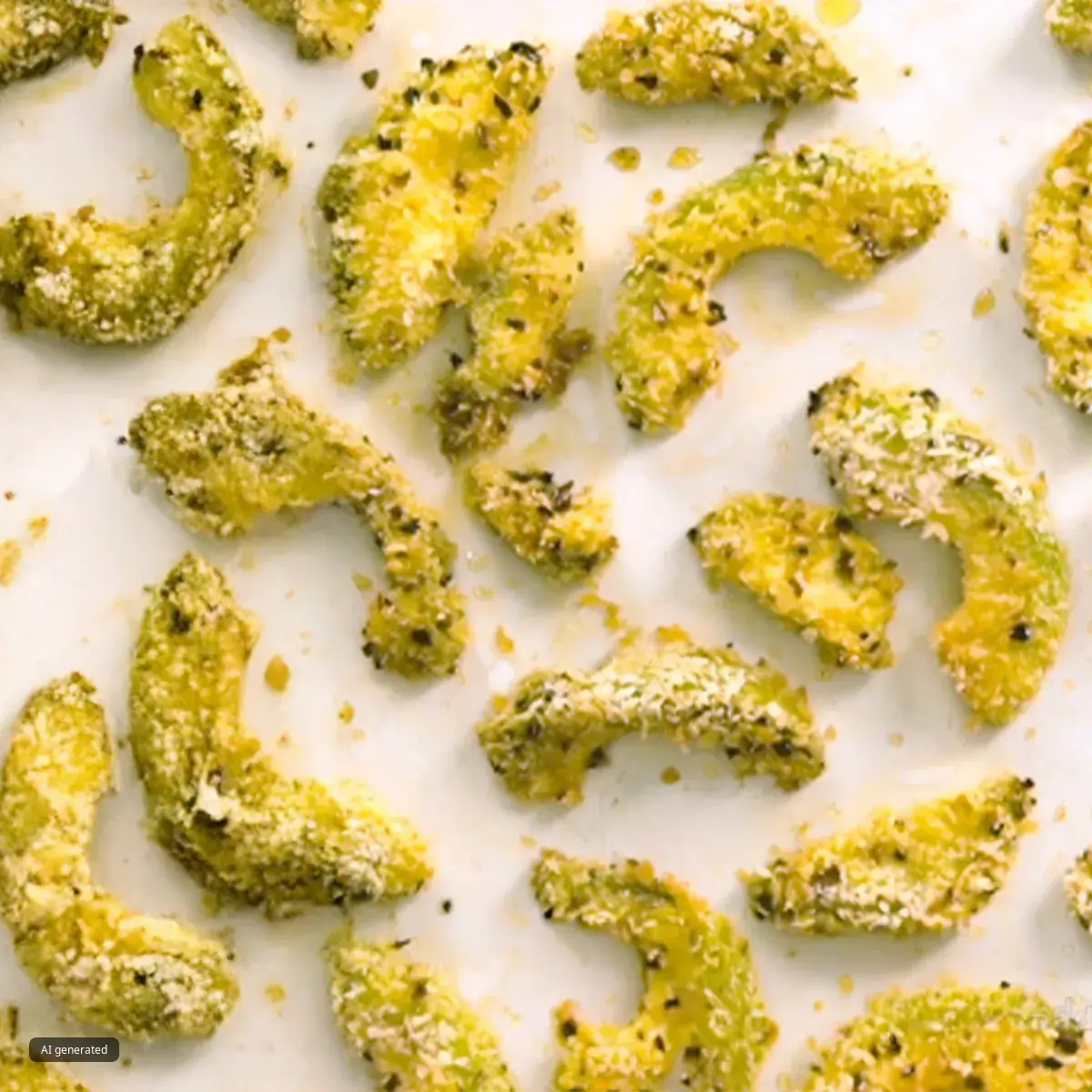 Multiple breaded avocado slices arranged on a white surface