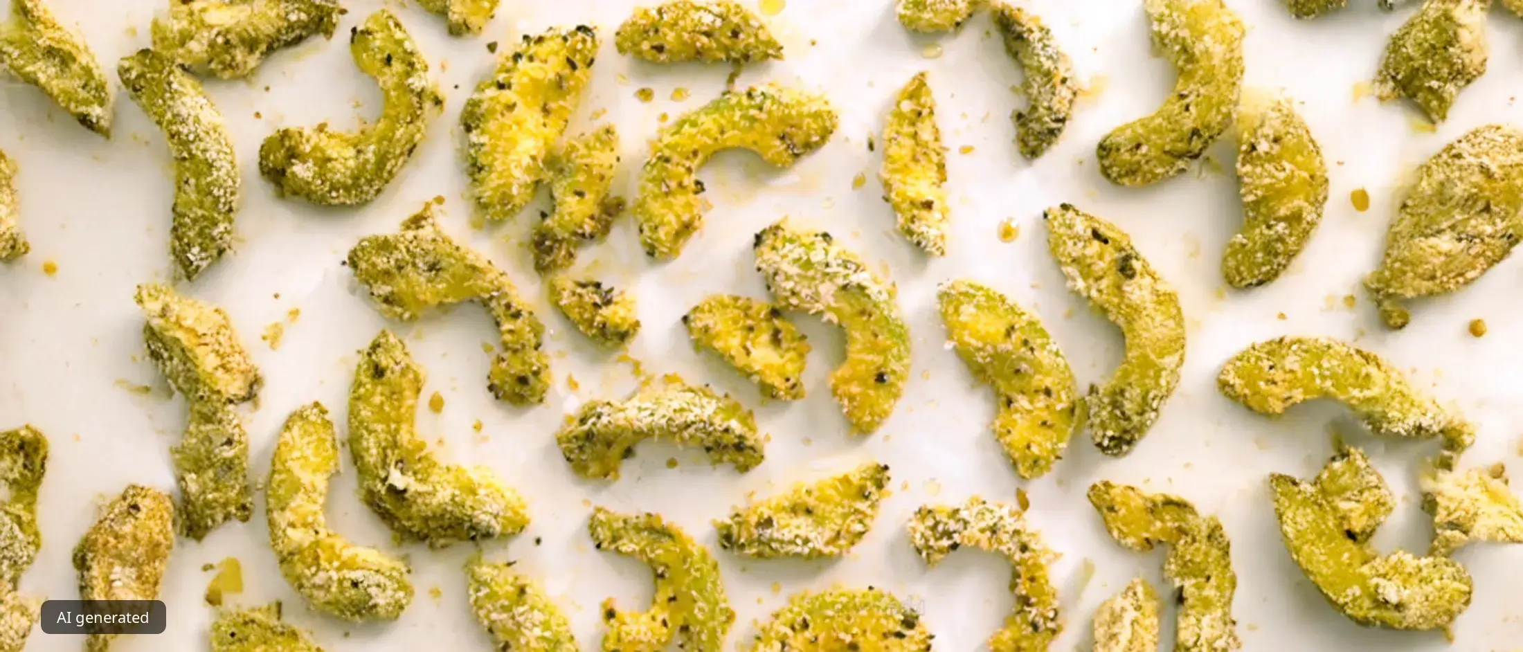 Multiple breaded avocado slices arranged on a white surface