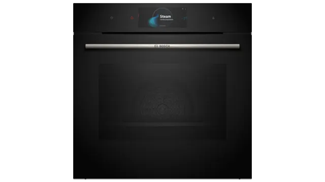 Black Bosch built-in oven with silver handle and "Steam" digital display.