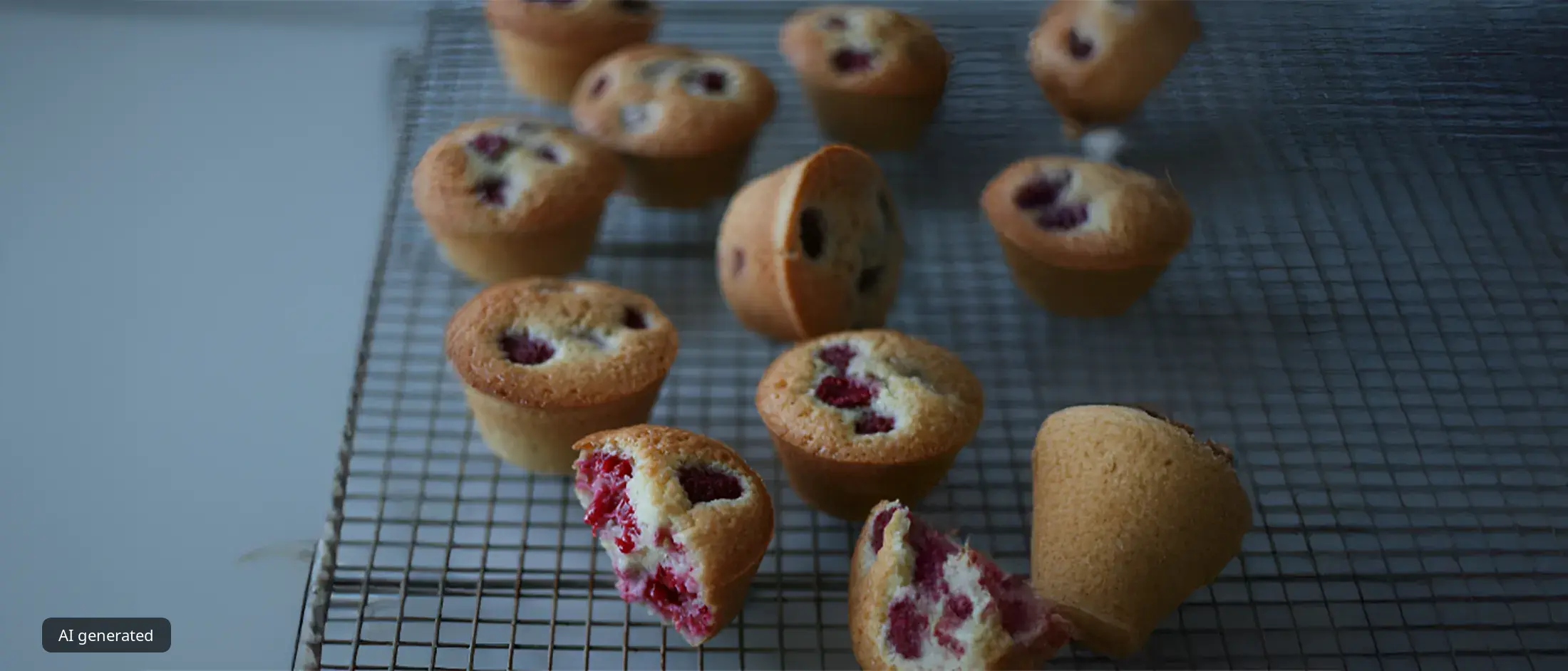 Golden-brown raspberry muffins cooling on a wire rack, one muffin broken to reveal juicy raspberry filling inside