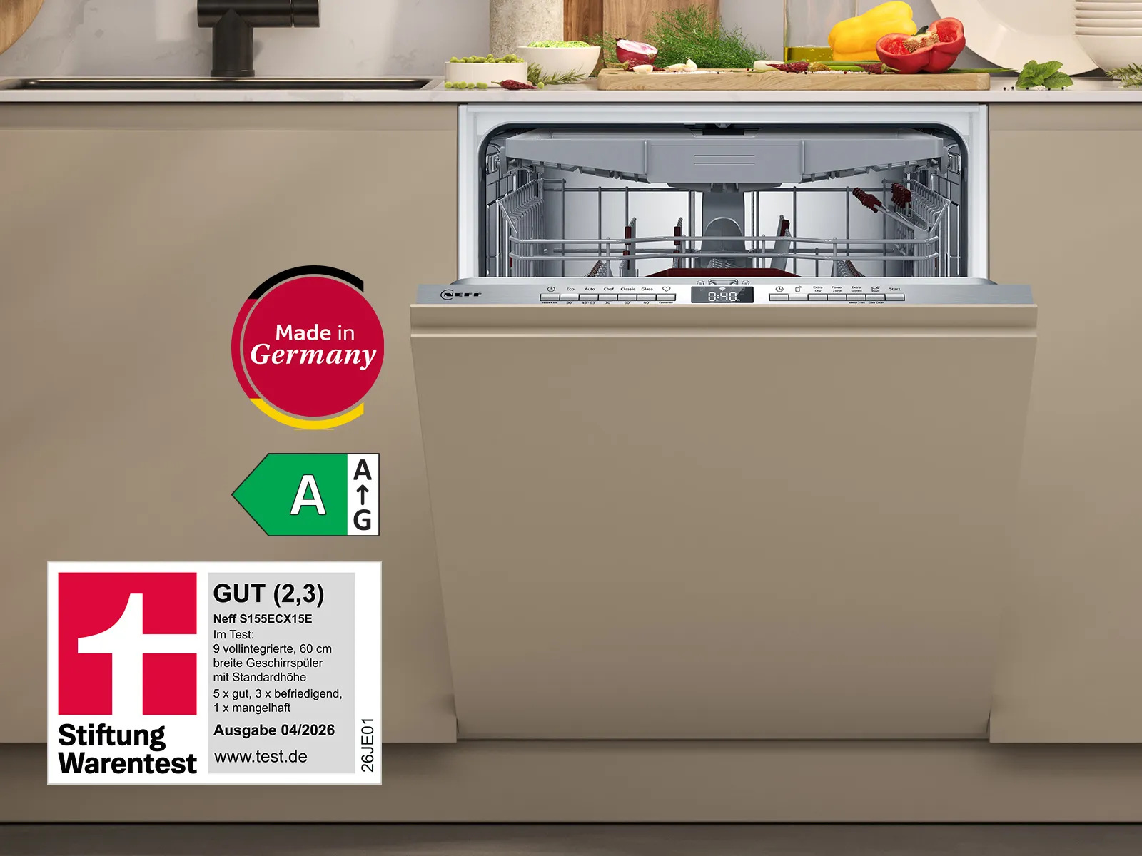 NEFF Geschirrspüler S155ECX15E im Geschirrspüler Test 2026 mit Stiftung Warentest Bewertung GUT (2,3), Energieeffizienzklasse A und Made in Germany