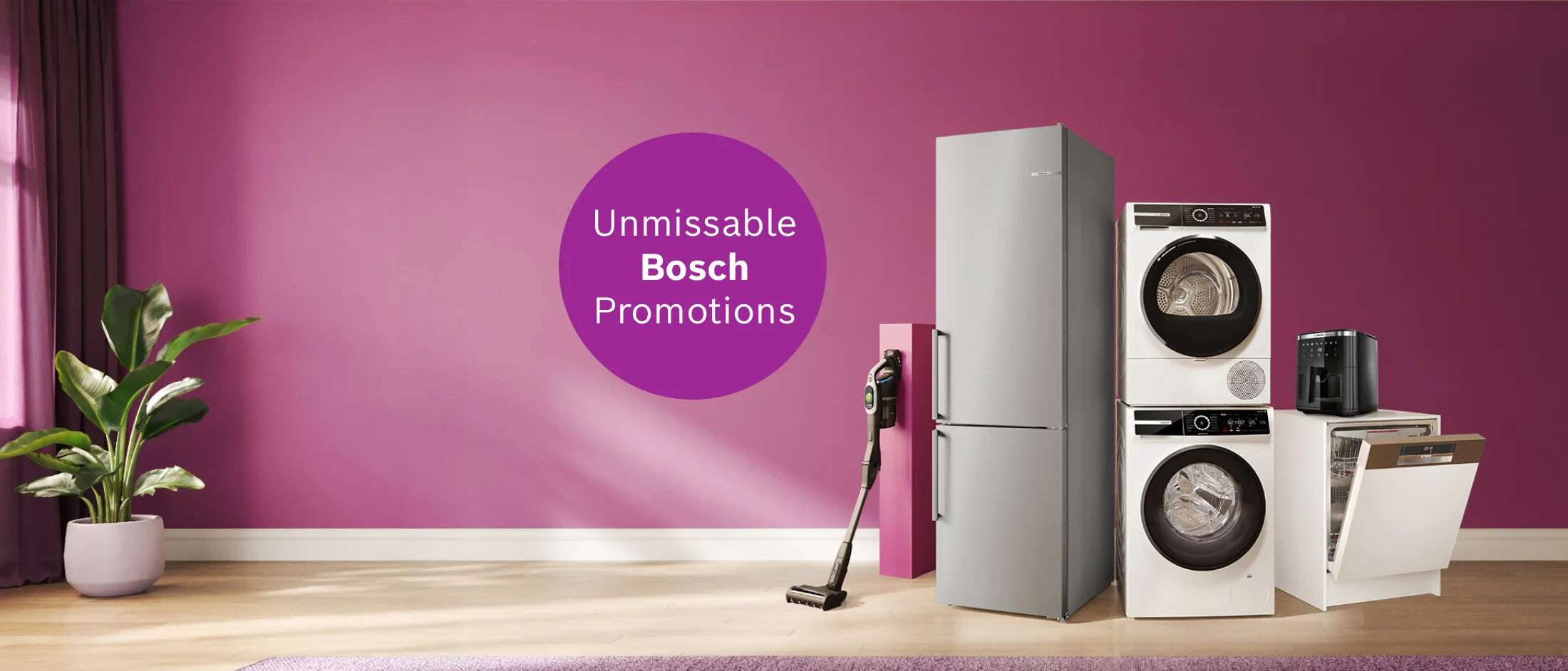 A collection of Bosch appliances, including a refrigerator, vacuum cleaner, stacked washer and dryer, coffee machine, and dishwasher, displayed against a vibrant magenta wall with text "Unmissable Bosch Promotions."