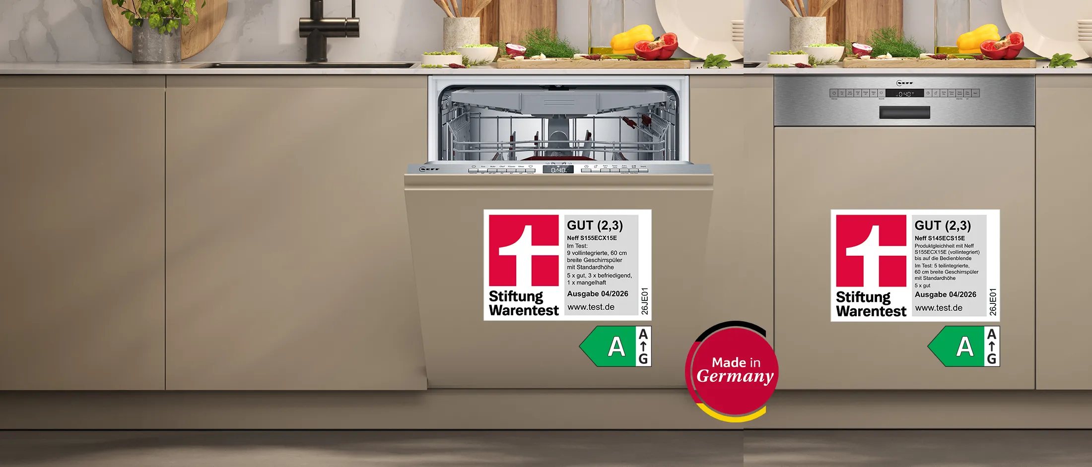 NEFF Geschirrspüler S155ECX15E und S145ECS15E im Geschirrspüler Test 2026 mit Stiftung Warentest Bewertung GUT (2,3), Energieeffizienzklasse A und Made in Germany