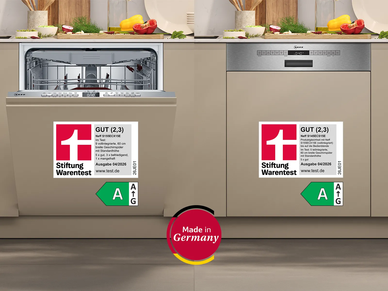NEFF Geschirrspüler S155ECX15E und S145ECS15E im Geschirrspüler Test 2026 mit Stiftung Warentest Bewertung GUT (2,3), Energieeffizienzklasse A und Made in Germany