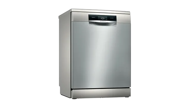 Bosch stainless steel dishwasher with a digital display.