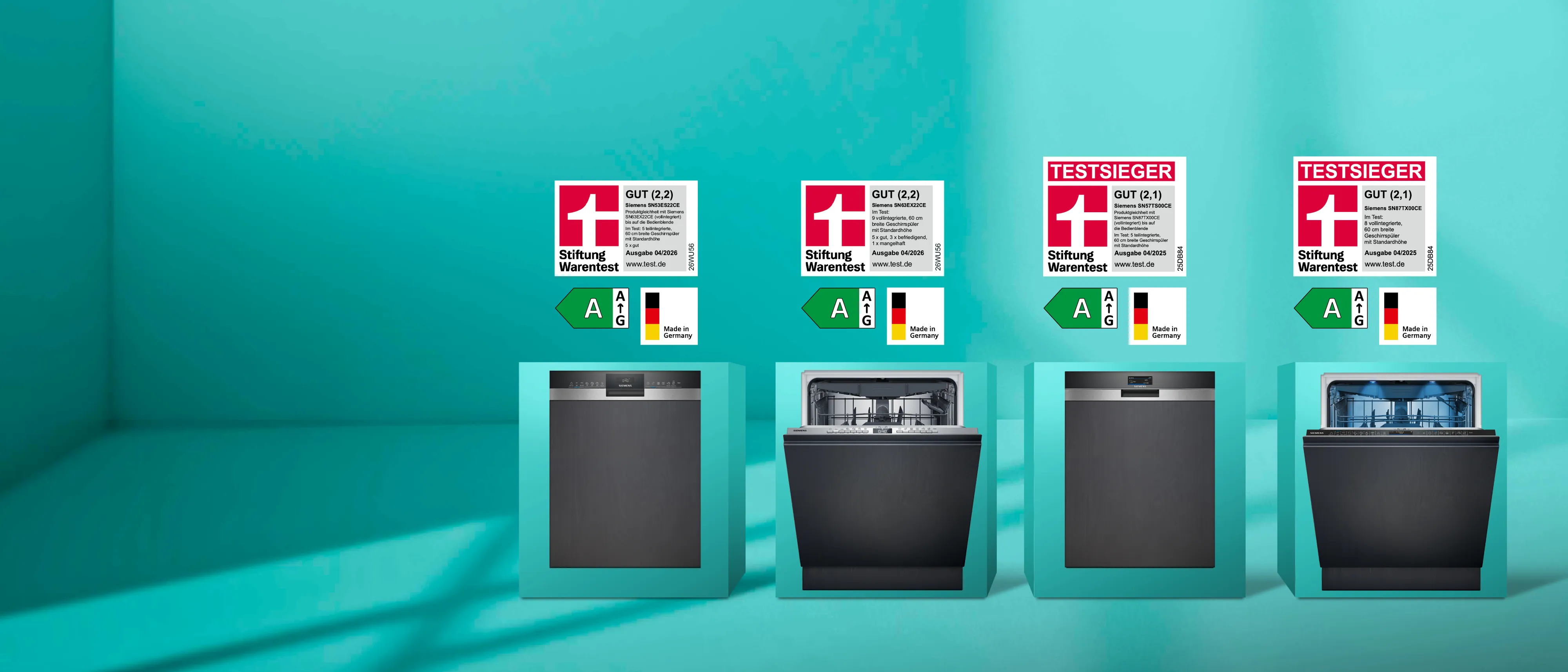 Siemens Geschirrspüler ausgezeichnet von der Stiftung Warentest. Vier Geschirrspüler auf einem Petrolfarbenen Hintergrund mit Stiftung Warentest Logos.
