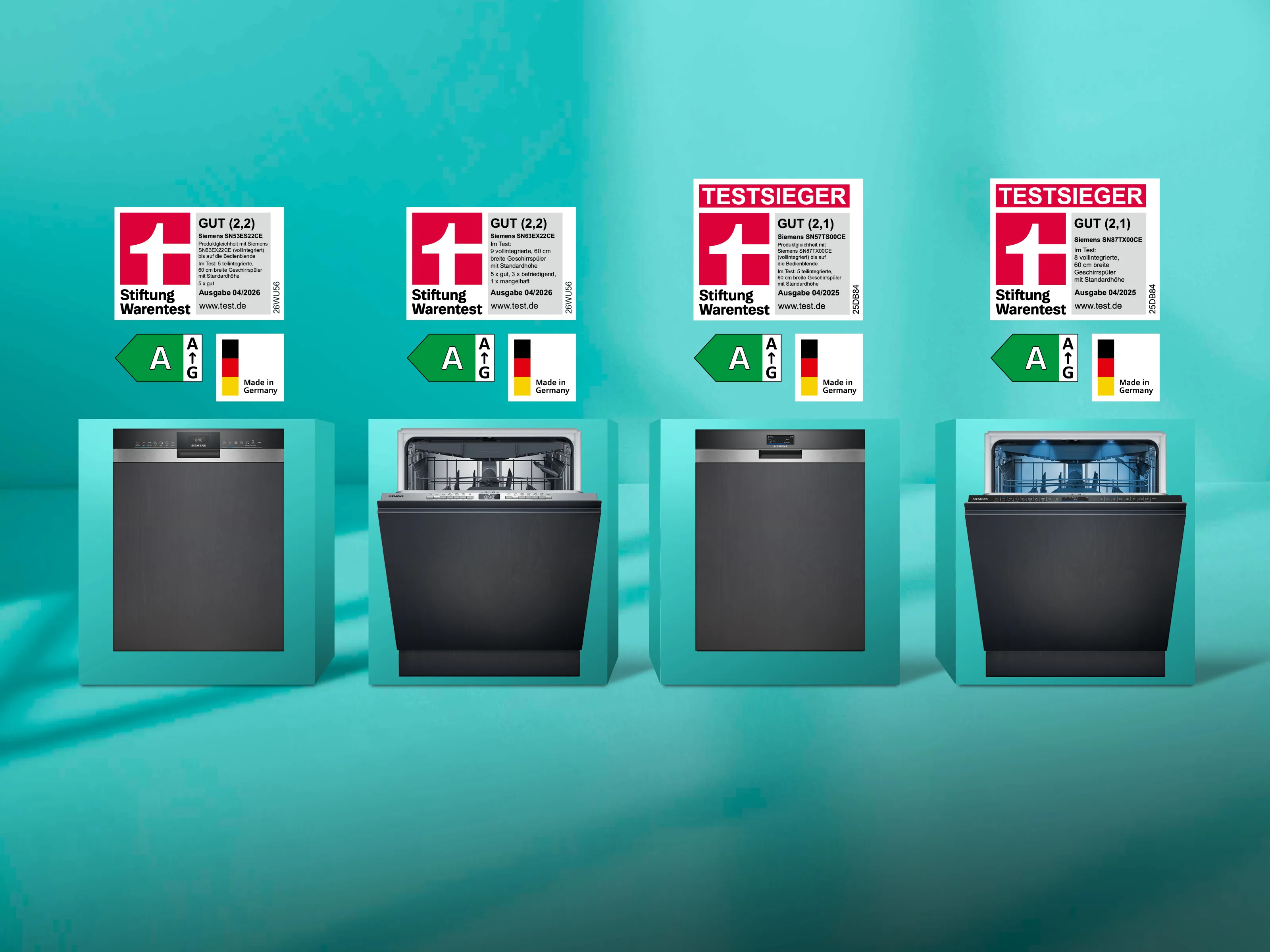 Siemens Geschirrspüler ausgezeichnet von der Stiftung Warentest. Vier Geschirrspüler auf einem Petrolfarbenen Hintergrund mit Stiftung Warentest Logos.
