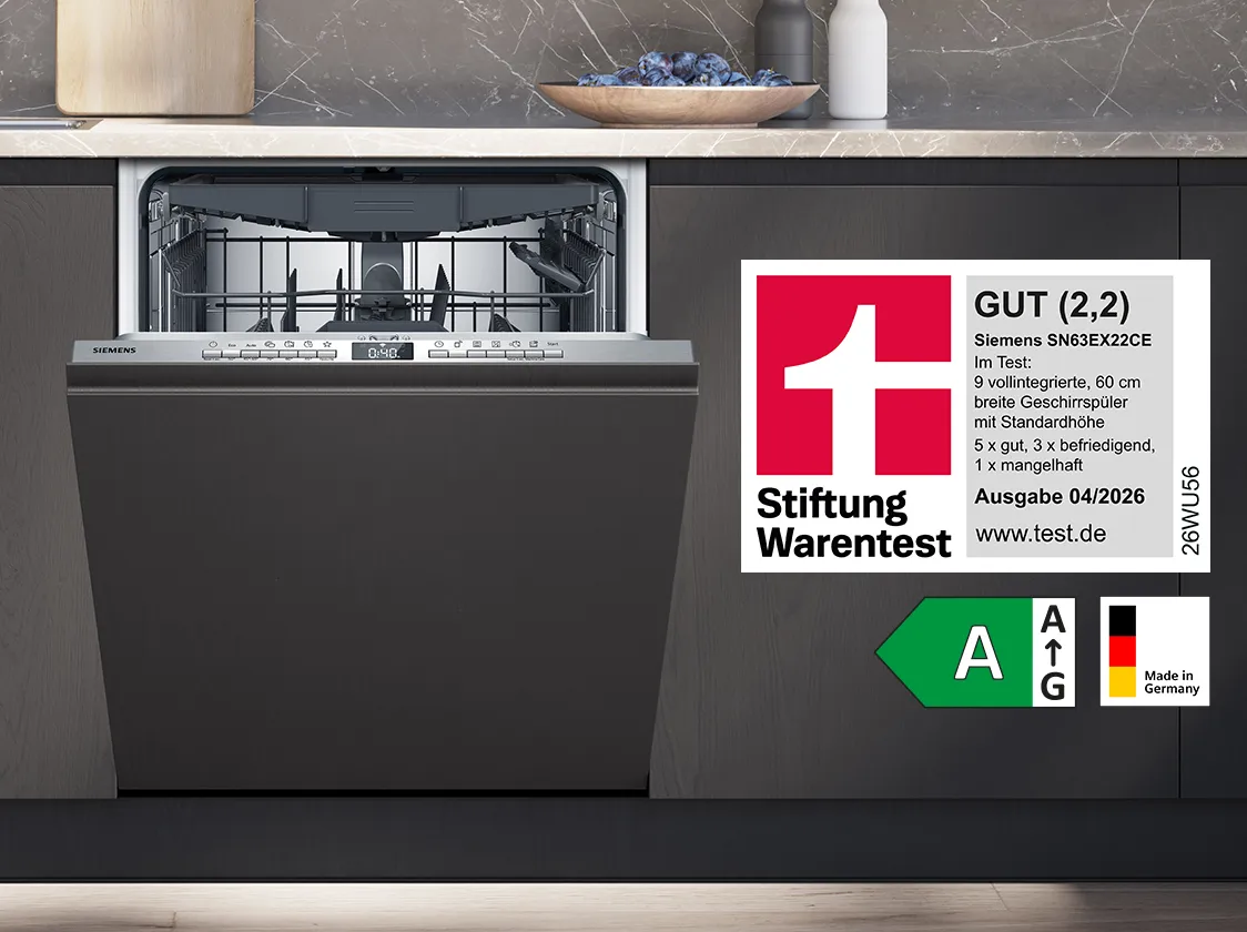 Frontansicht des Siemens Geschirrspülers SN63EX22CE der von Stiftung Warentest ausgezeichnet wurde