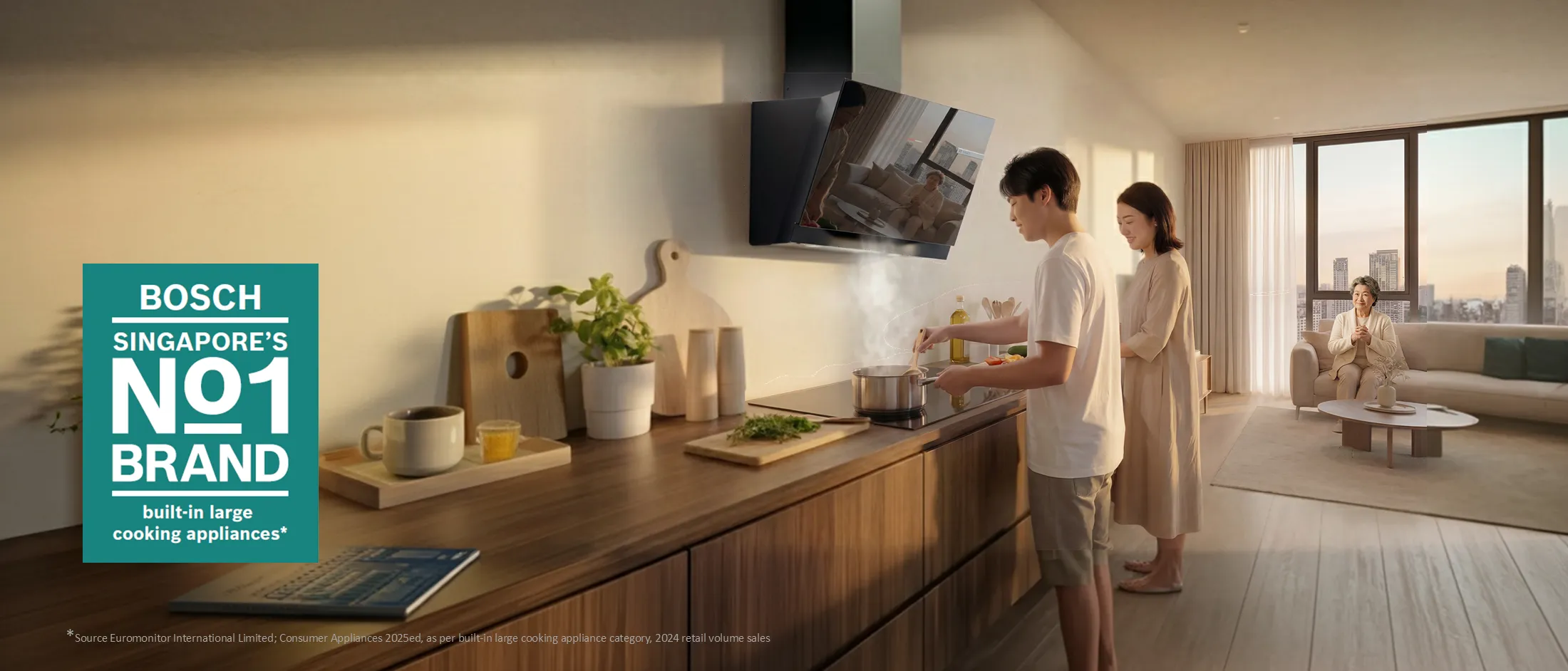 Modern kitchen with a stainless-steel range hood over a cooktop; overlay text: 'Fresh Air, Quiet Cooking.