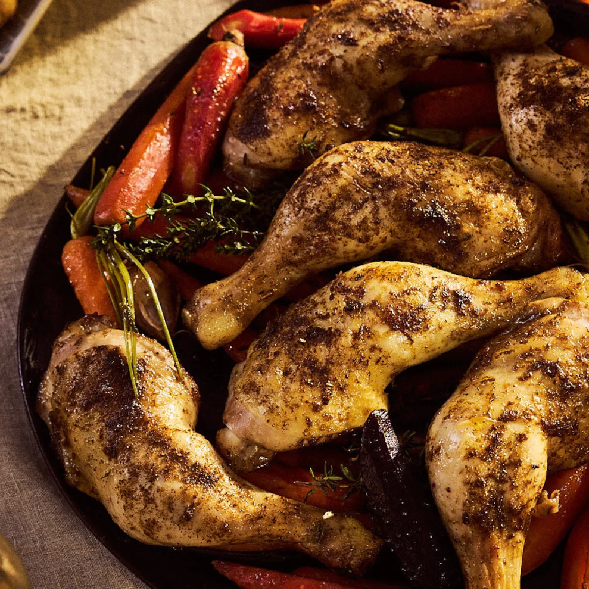 Pollo arrosto e cosce con carote, peperoni e erbe su un piatto scuro.