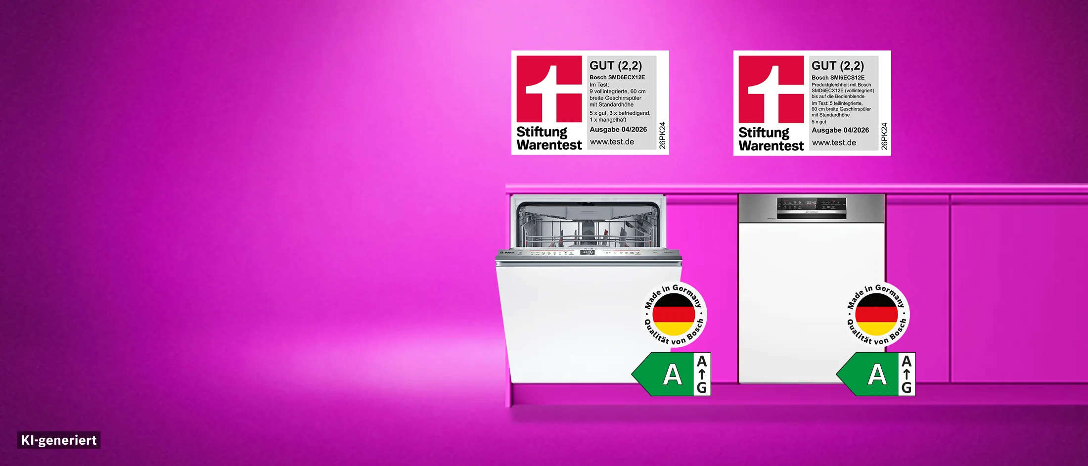 Zwei Bosch Serie 6 Geschirrspüler vor einem pinken Hintergrund mit Logos zu Test, Energieeffizienzklasse und Herstellungsland.