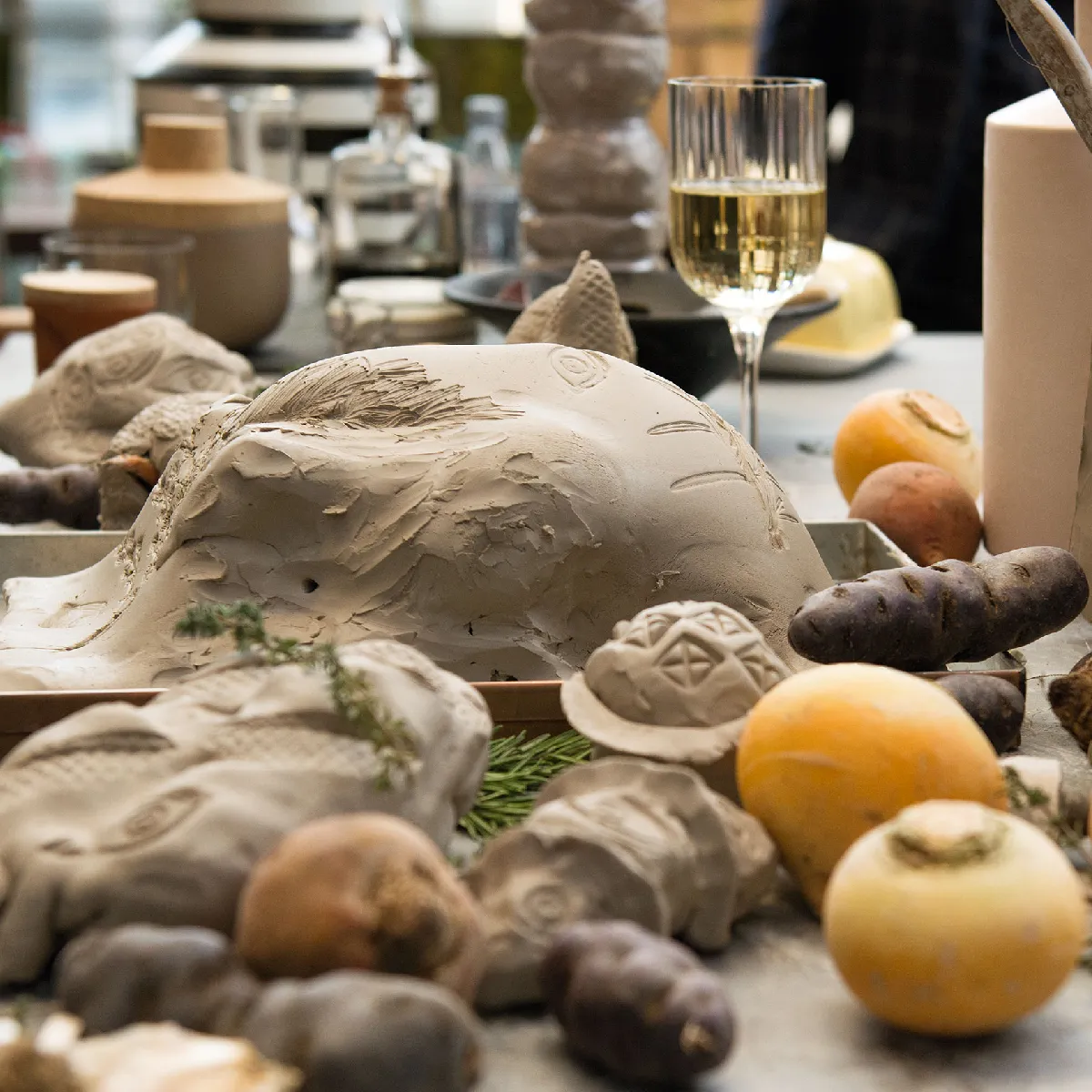 Sculture artistiche in argilla raffiguranti uccelli e ortaggi disposte su un tavolo con prodotti freschi e un bicchiere di vino bianco.