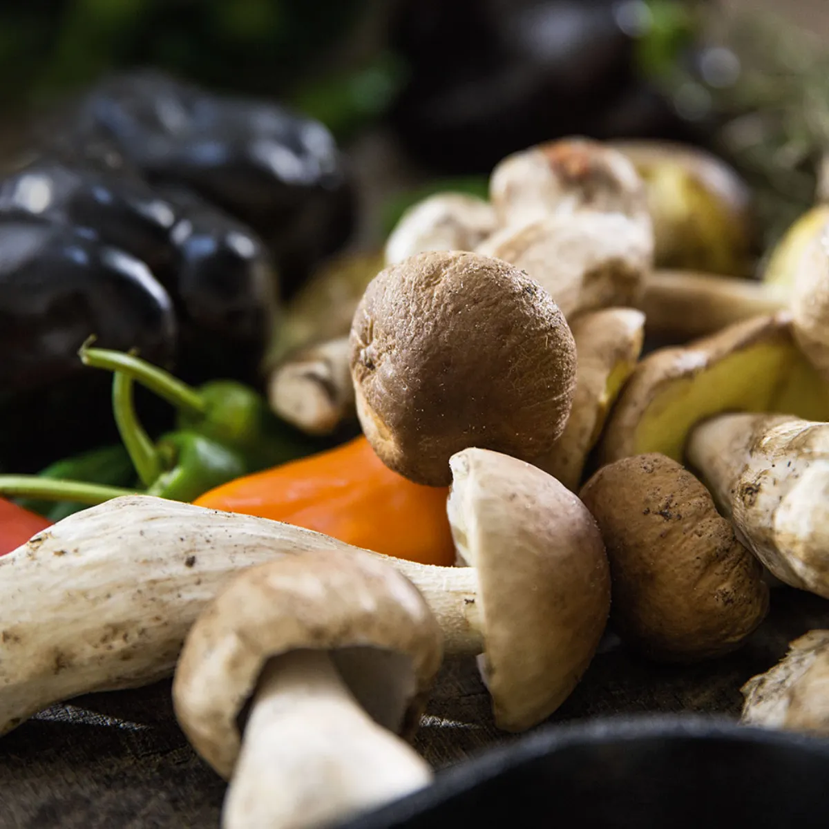 Un primo piano di funghi freschi assortiti, peperoncini e melanzane scure su una superficie rustica in legno