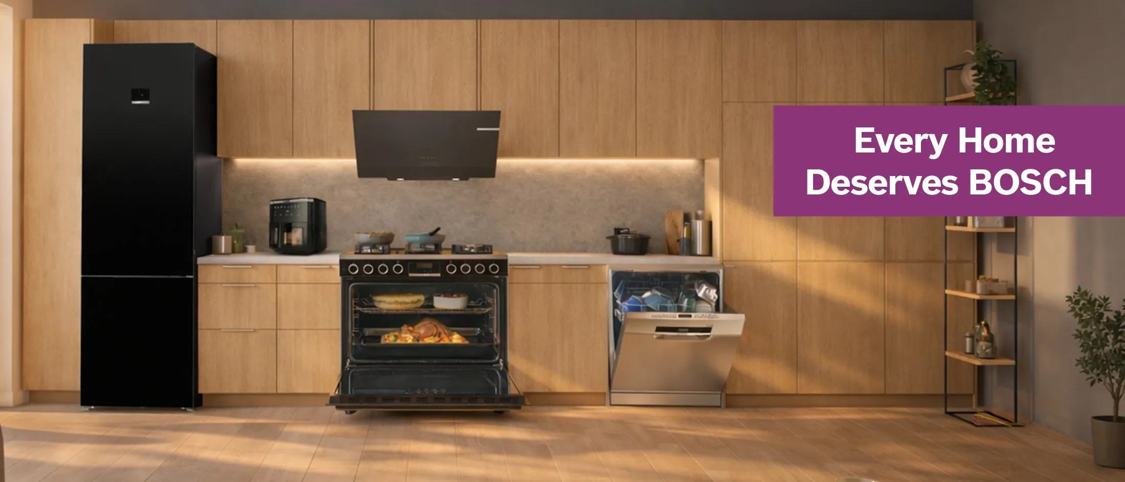 Bosch food processor with touch display surrounded by various fresh vegetables on a table.