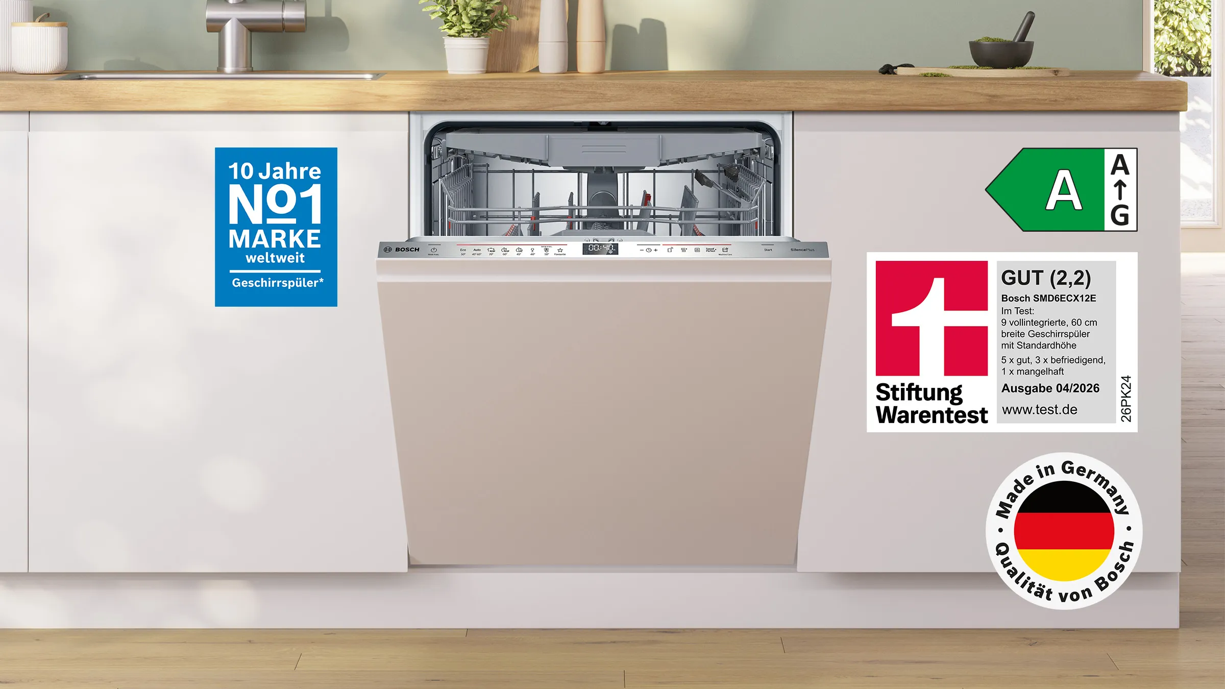 Der vollintegrierte Serie 6 Geschirrspüler SMD6ECX12E glänzt mit Gesamtnote GUT (2,2).
